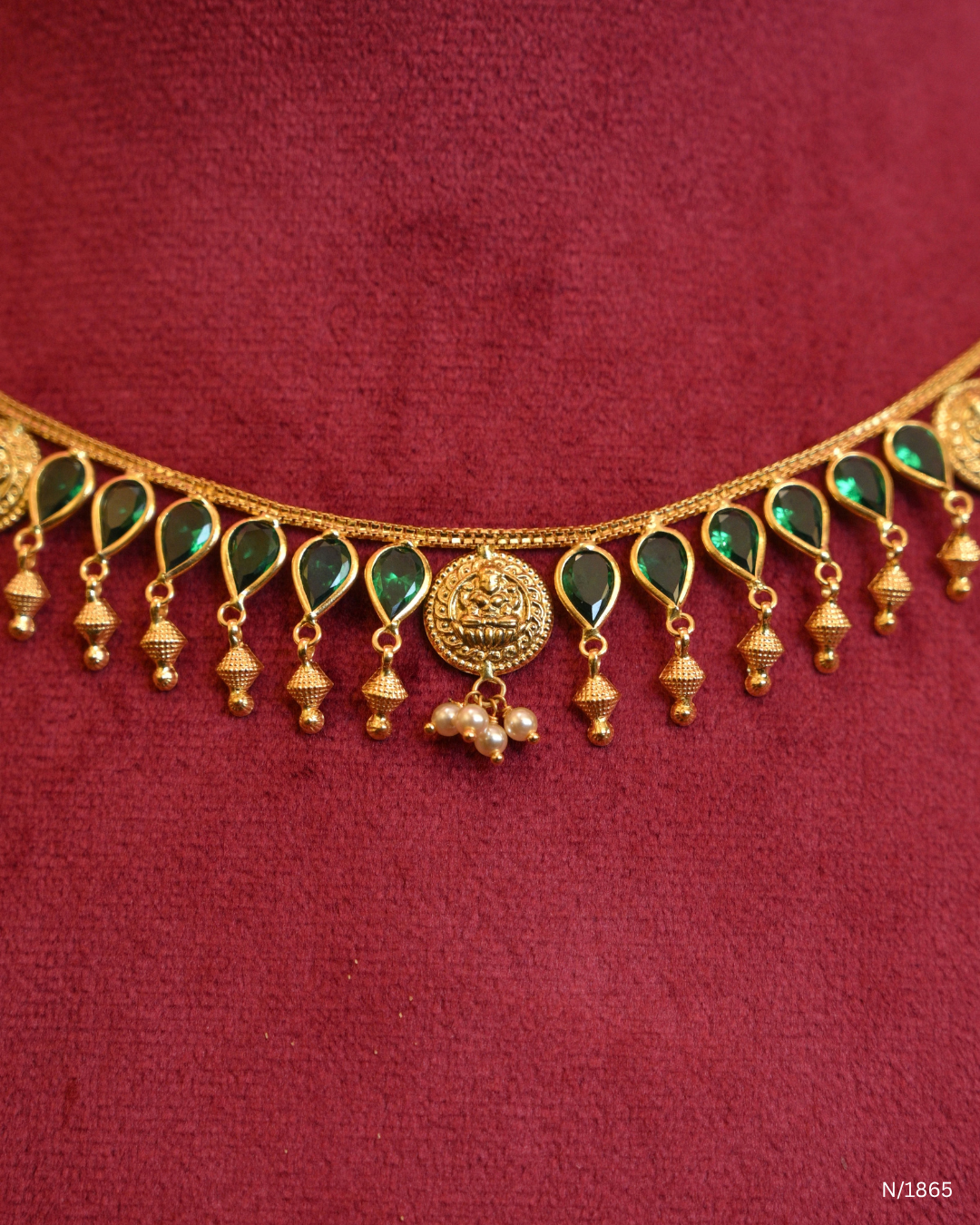 Goddess Lakshmi Coin & Teardrop Green Emerald Station Choker Necklace | SKU: N/1865