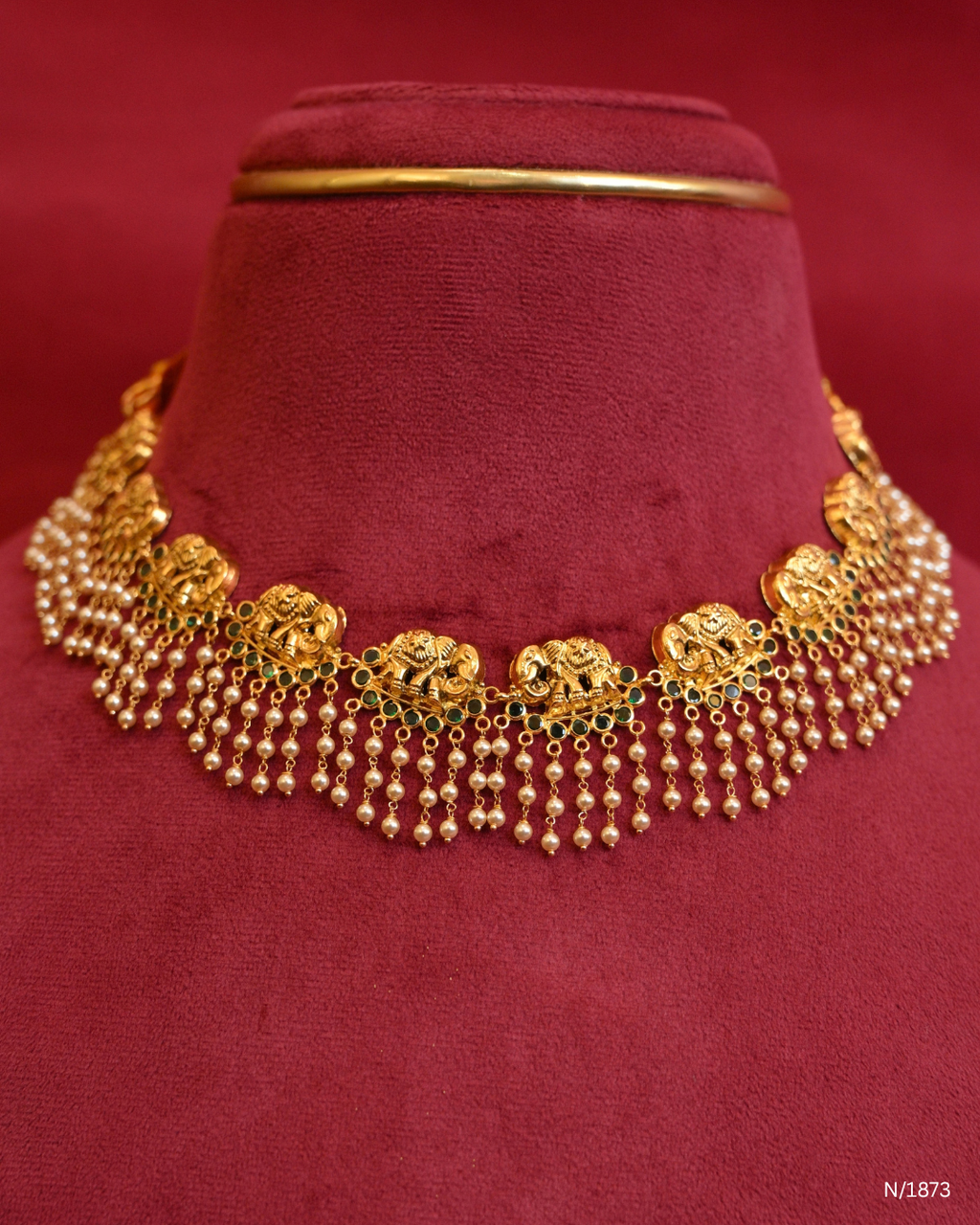 Royal Elephant Temple Choker Necklace with Emerald Accents & Cascading Pearl Fringe | SKU: N/1873