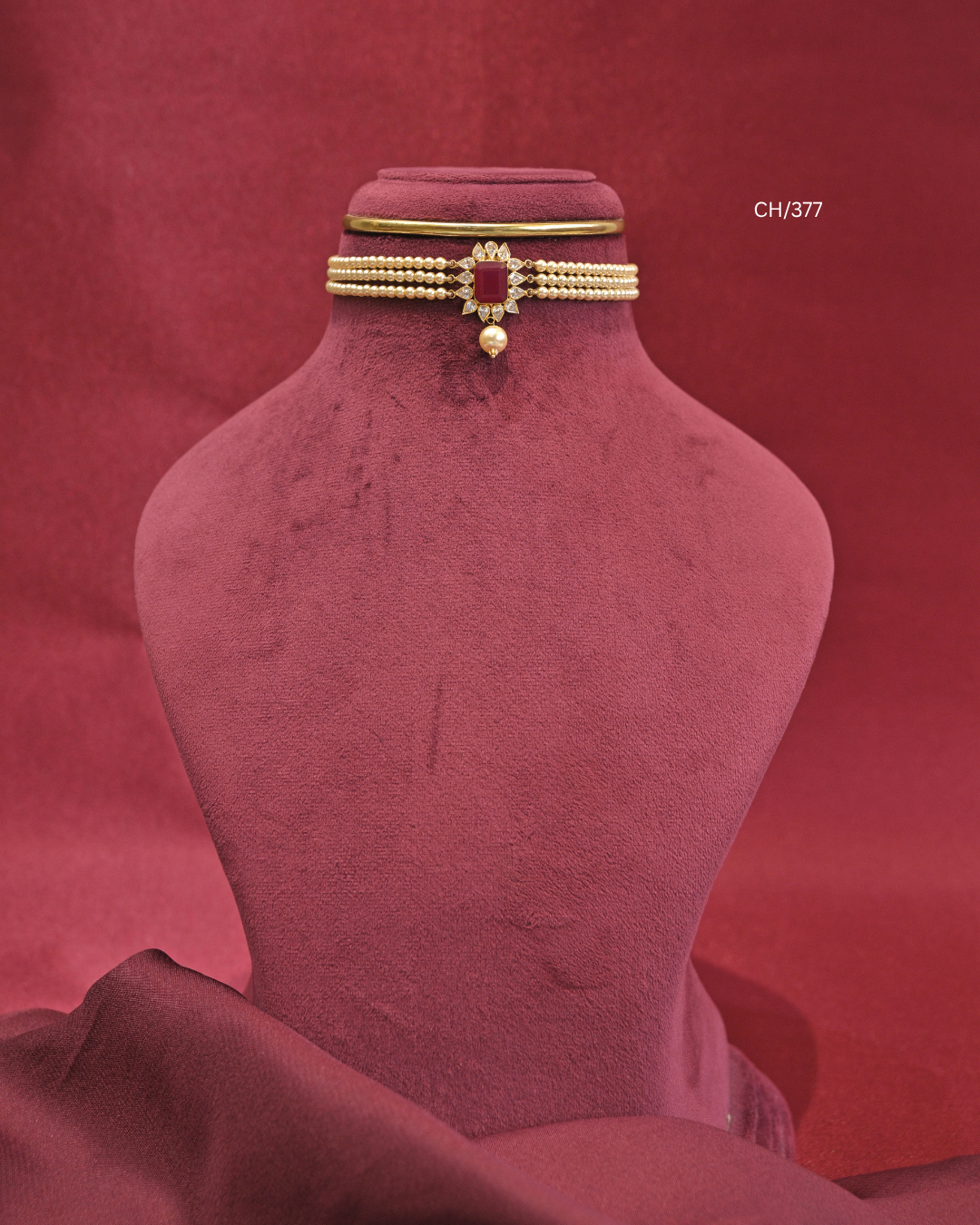 Octagonal Ruby Floral Motif & Pearl Multi-Strand Choker |SKU: CH/377