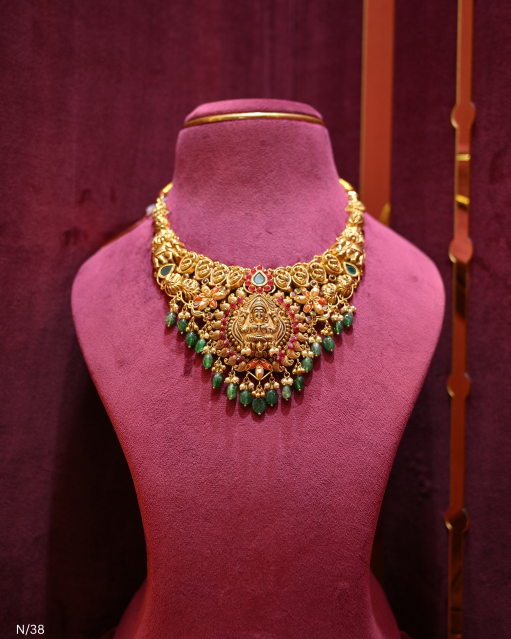 Antique Gold Temple Lakshmi Nakshi & Green Bead Necklace | SKU: N/38