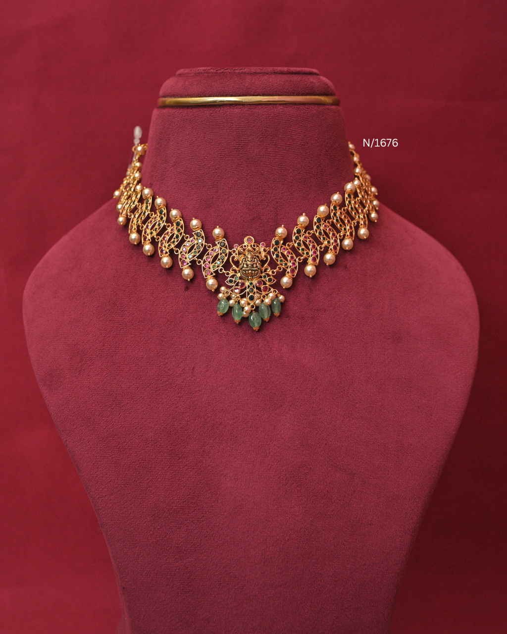Lakshmi Nakshi Necklace with Ruby, Emerald & Tumbled Bead Drops |SKU: N/1676