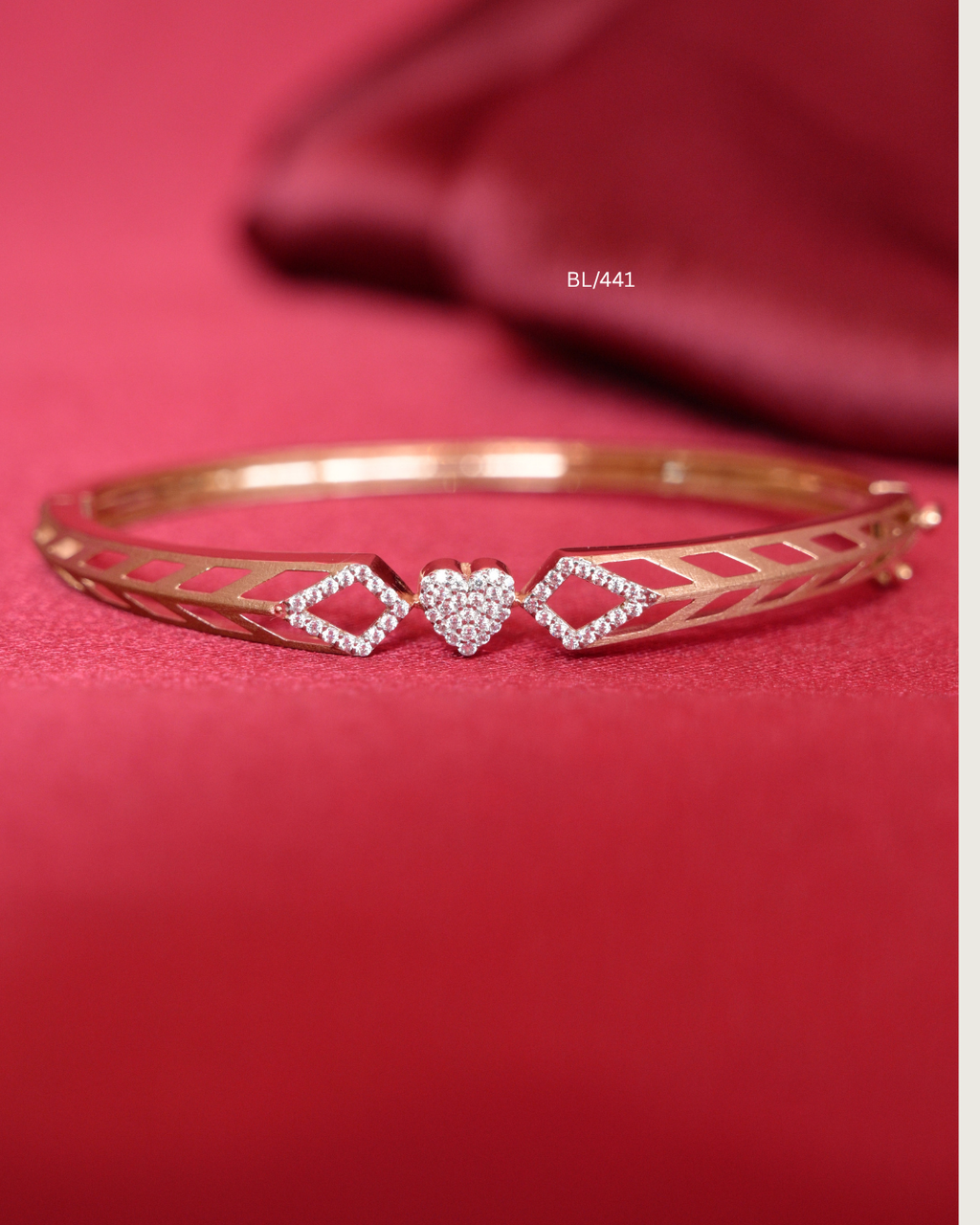 Geometric Rhombus Frame & Pave CZ Heart Station Bangle | SKU: BL/441