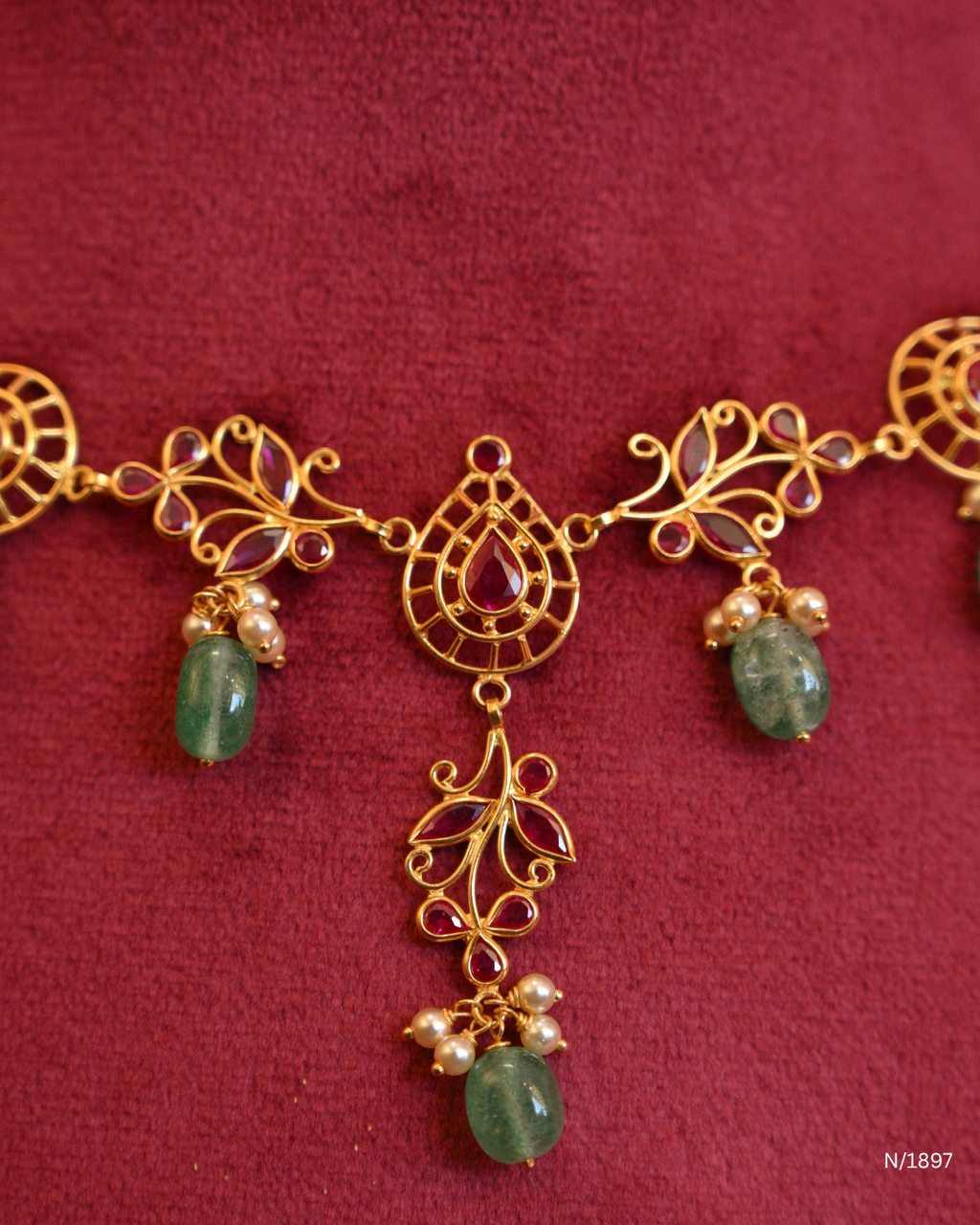 Traditional Openwork Temple Necklace with Ruby Accents & Green Emerald Bead Drops | SKU: N/1897