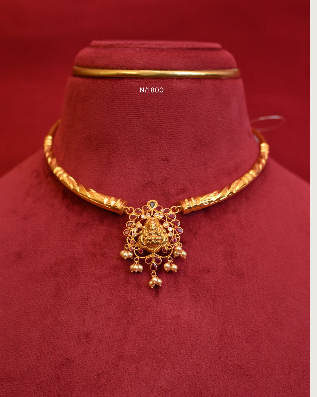 Goddess Lakshmi Floral Openwork Pendant Tubular Hasli Necklace with Rubies, Emeralds, CZ & Pearl Drops | SKU: N/1800