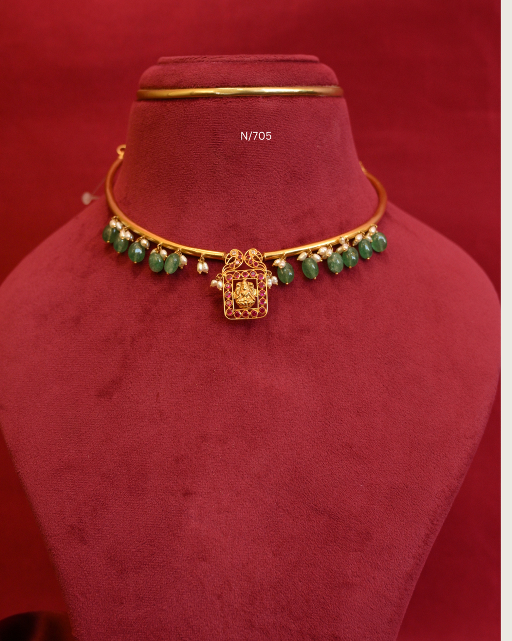 Goddess Lakshmi Nakshi Square Ruby Pendant Tubular Hasli Necklace with Emerald Bead & Pearl Drops | SKU: N/705