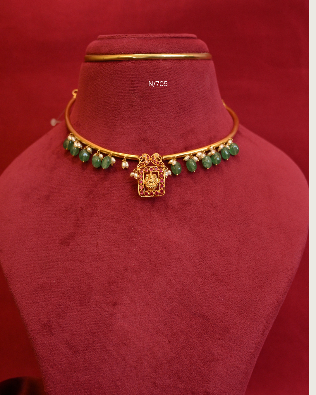 Goddess Lakshmi Nakshi Square Ruby Pendant Tubular Hasli Necklace with Emerald Bead & Pearl Drops | SKU: N/705