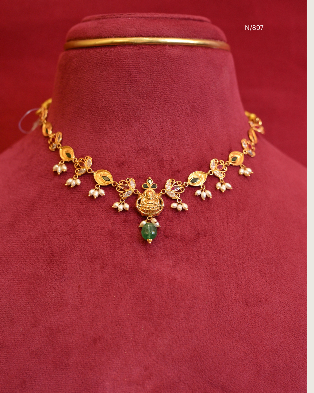 Goddess Lakshmi & Twin Peacock Nakshi Temple Choker Necklace with Rubies, Emeralds, Seed Pearls & Emerald Drop | SKU: N/897
