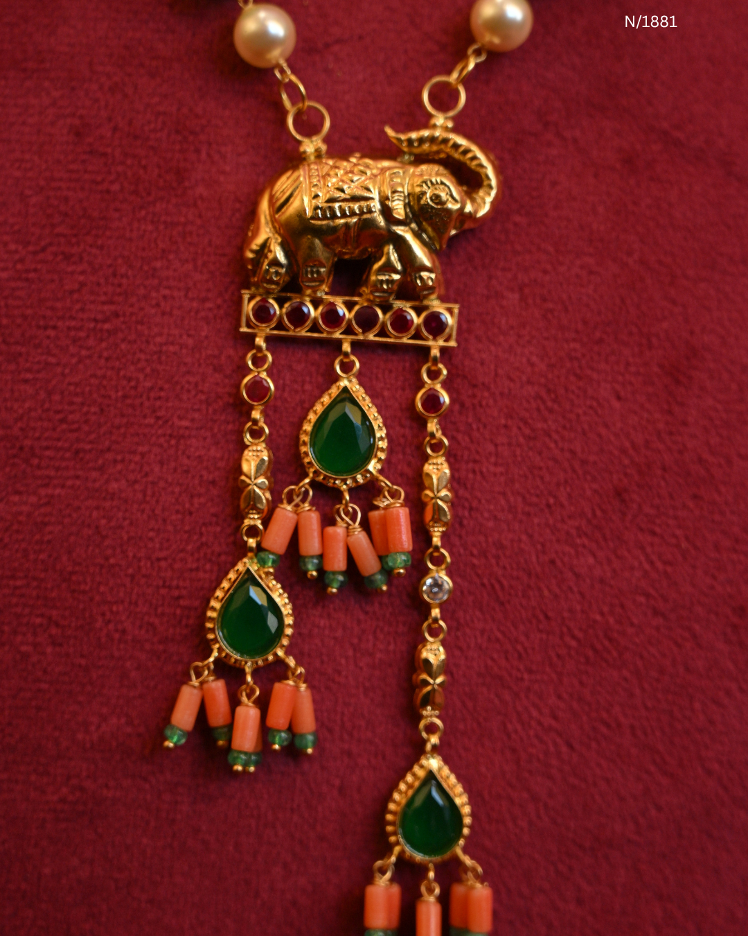 Royal Elephant Motif Coral & Emerald Beaded Station Tassel Y-Necklace | SKU: N/1881