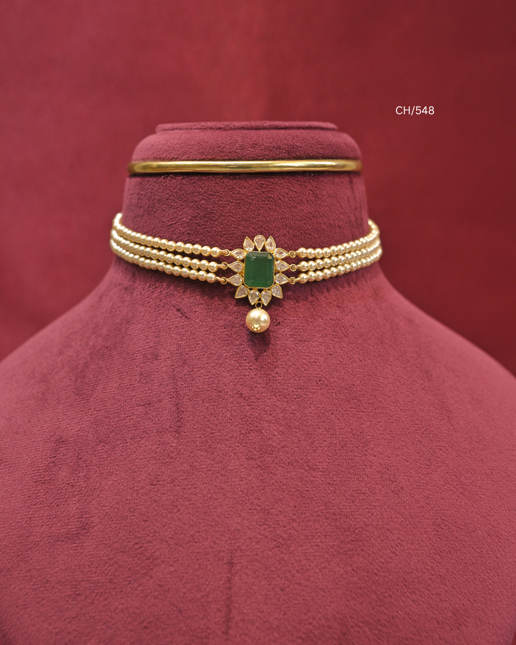 Octagonal Emerald Floral Motif & Pearl Multi-Strand Choker | SKU: CH/548