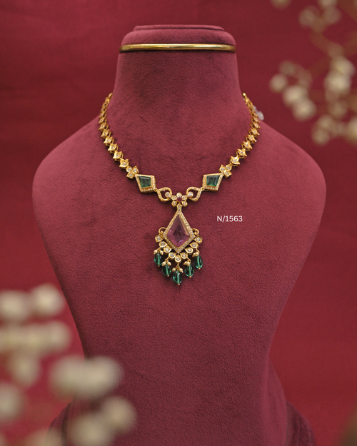 22kt Gold Geometric Rhombus Emerald & Cambodia Ruby Necklace | 16.52g Net | SKU: N/1563