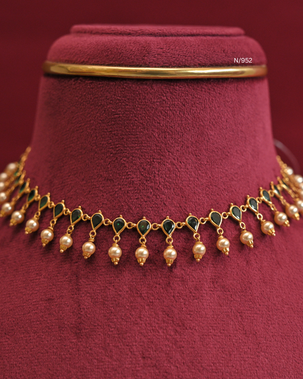 Teardrop Emerald Line Necklace with Cultured Pearl Drops | SKU: N/952