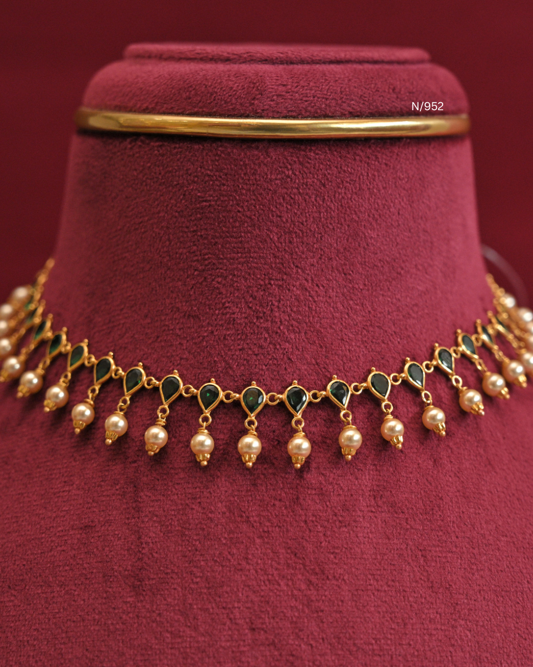 Teardrop Emerald Line Necklace with Cultured Pearl Drops | SKU: N/952
