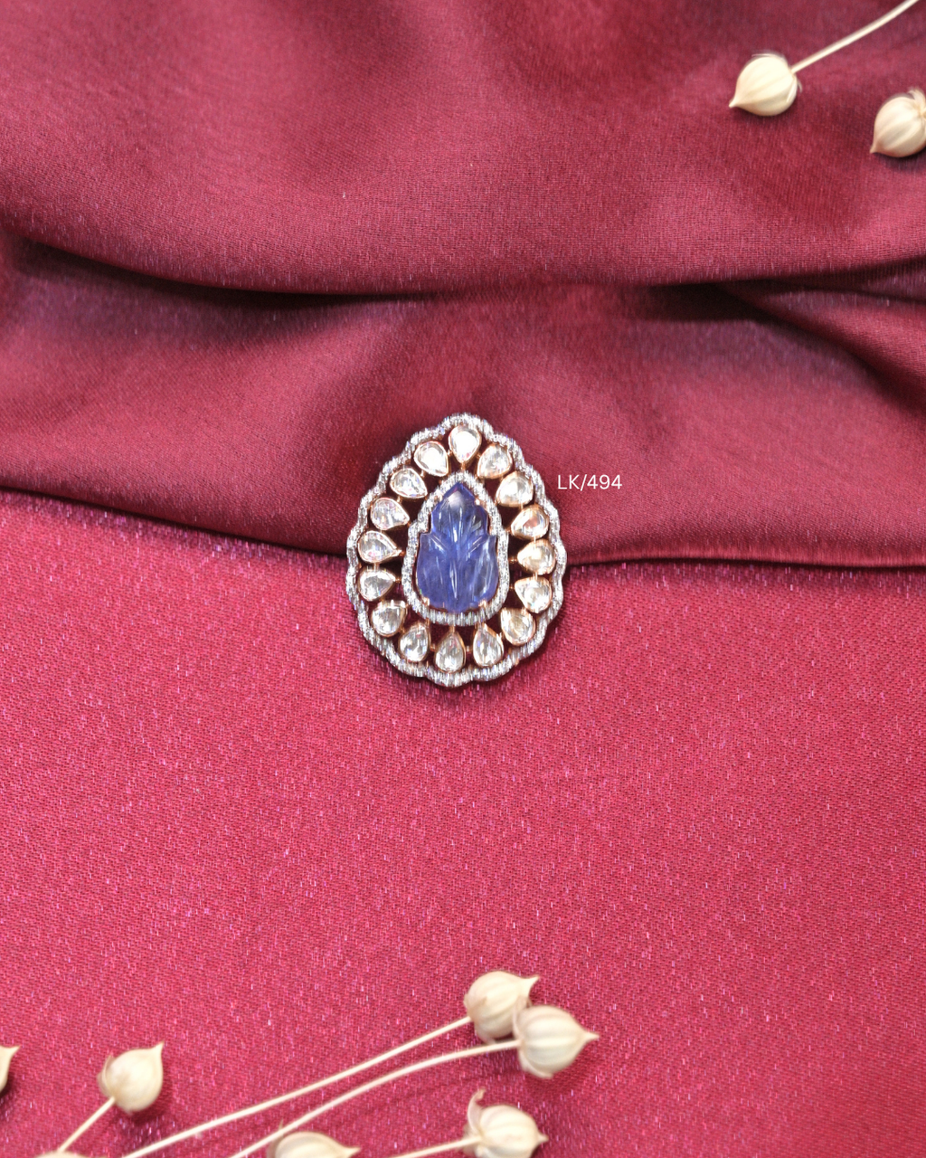 Carved Tanzanite Leaf & Polki-Style CZ Halo Medallion Pendant | SKU: LK/494