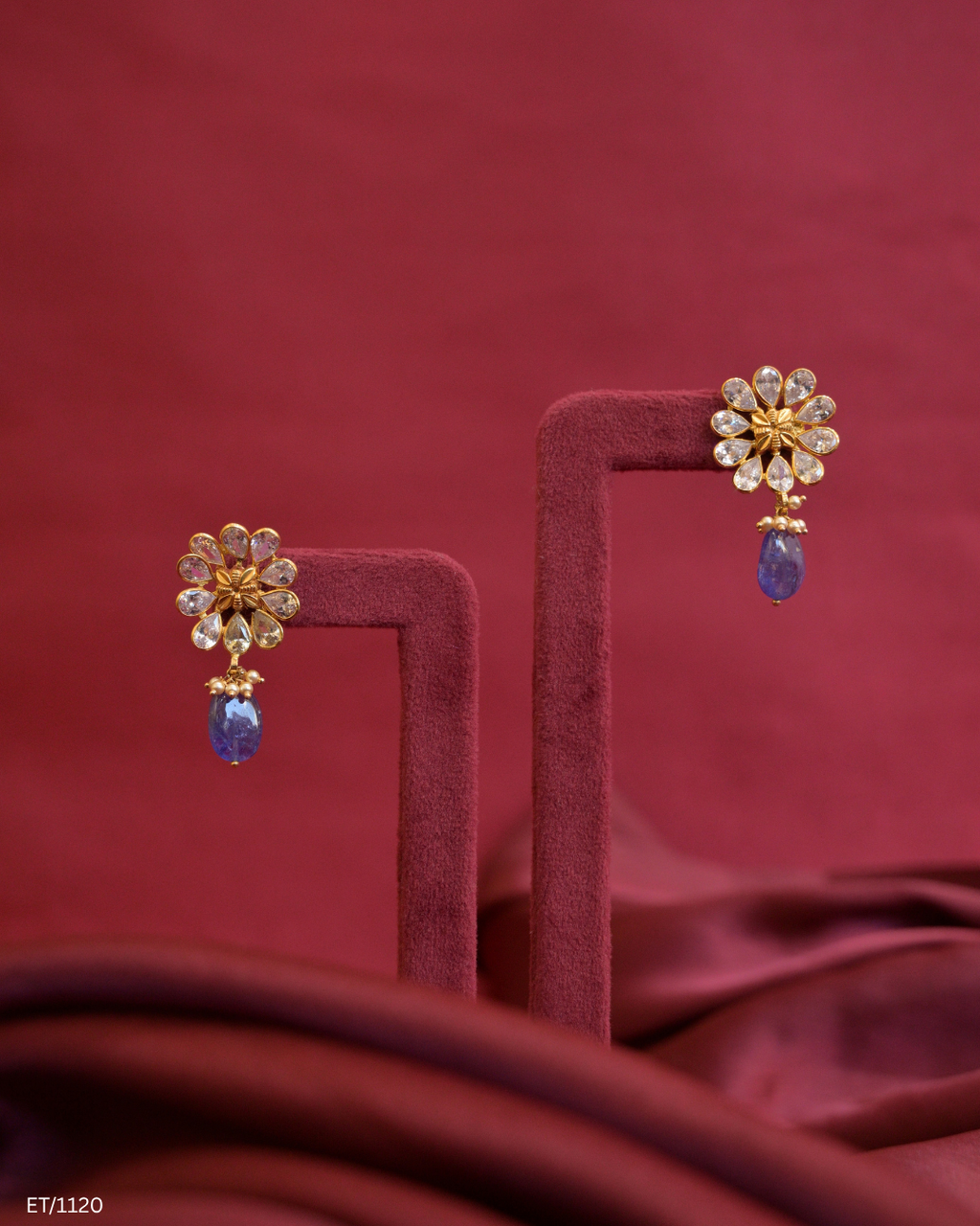 CZ Polki Floral Cluster & Blue Sapphire Teardrop Dangle Earrings | SKU: ET/1120