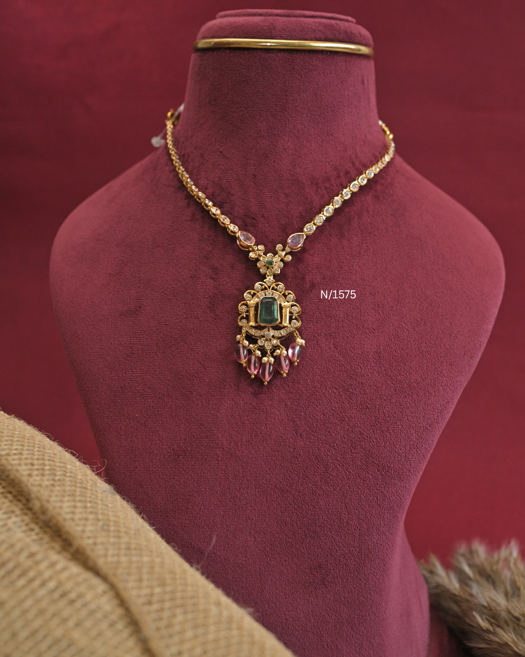 22kt Gold Octagonal Emerald & Cambodia Ruby Pendant Necklace | 11.85g Net | SKU: N/1575