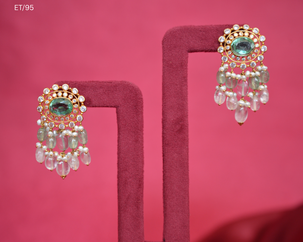 Polki Mint And Pink Quartz Bead Drop Earrings | SKU: ET/95