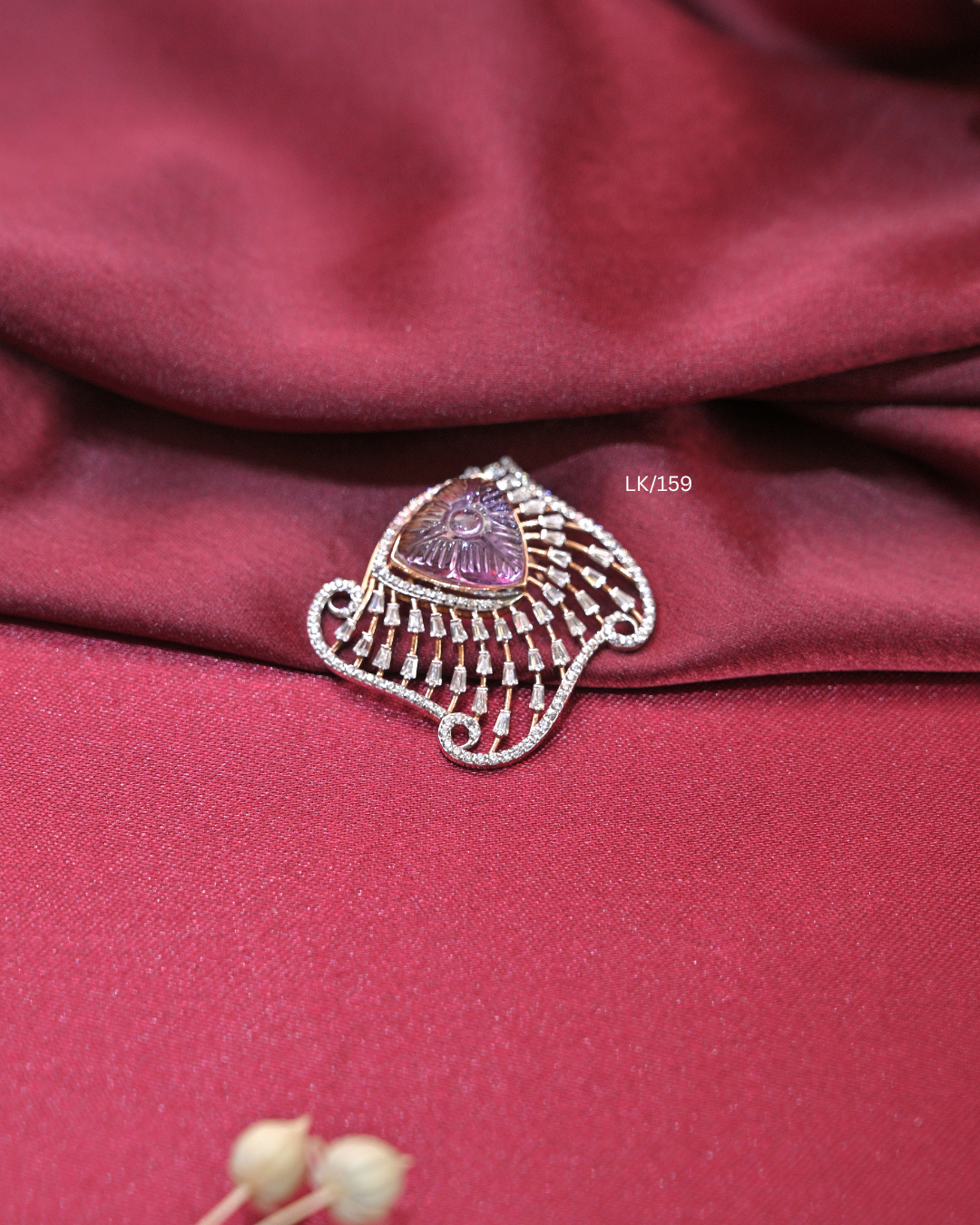 Carved Trillion Gemstone & CZ Baguette Fan Pendant |  SKU: LK/159