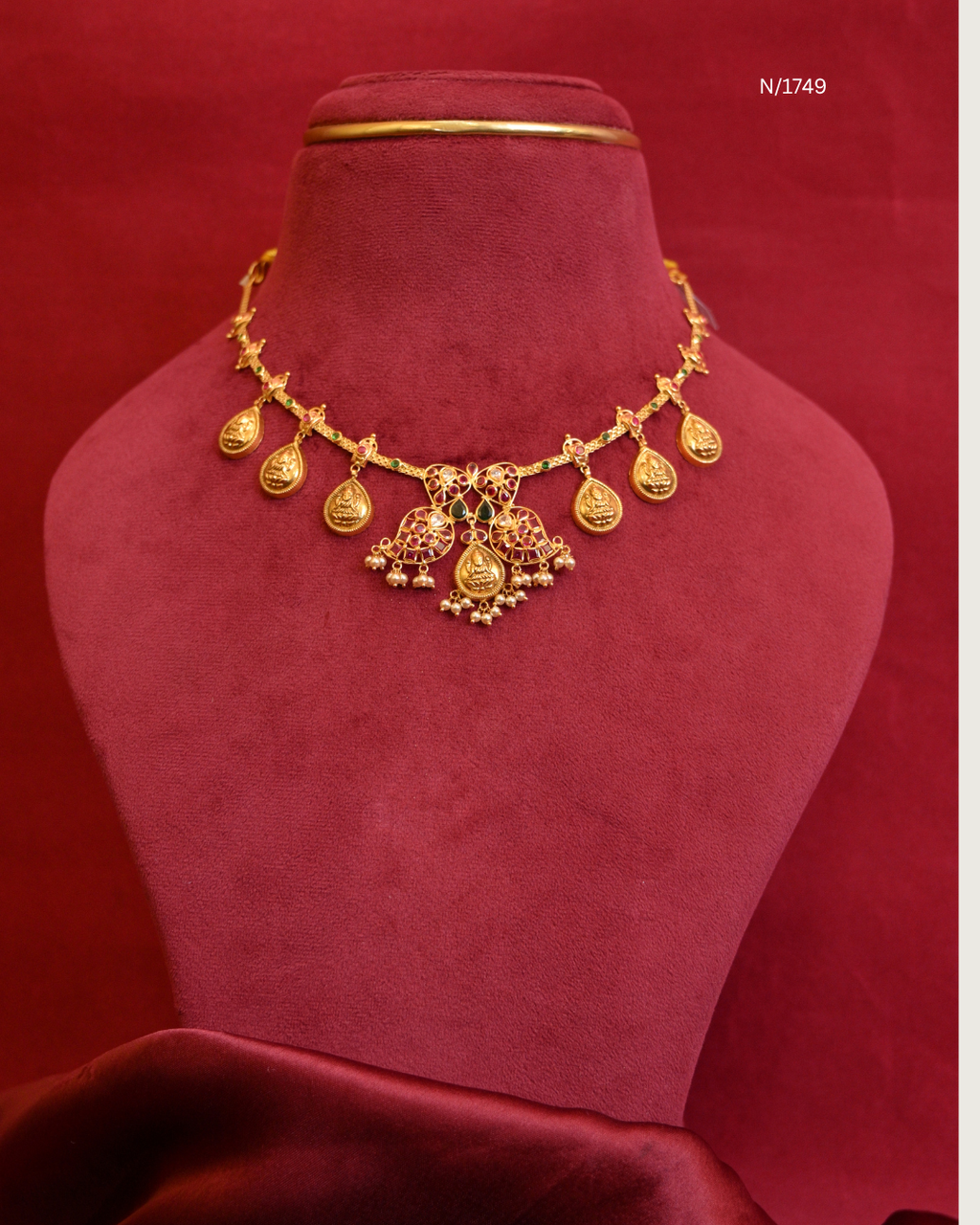 Twin Mango & Goddess Lakshmi Medallion Temple Station Choker Necklace with Rubies, Emeralds & Seed Pearl Drops | SKU: N/1749