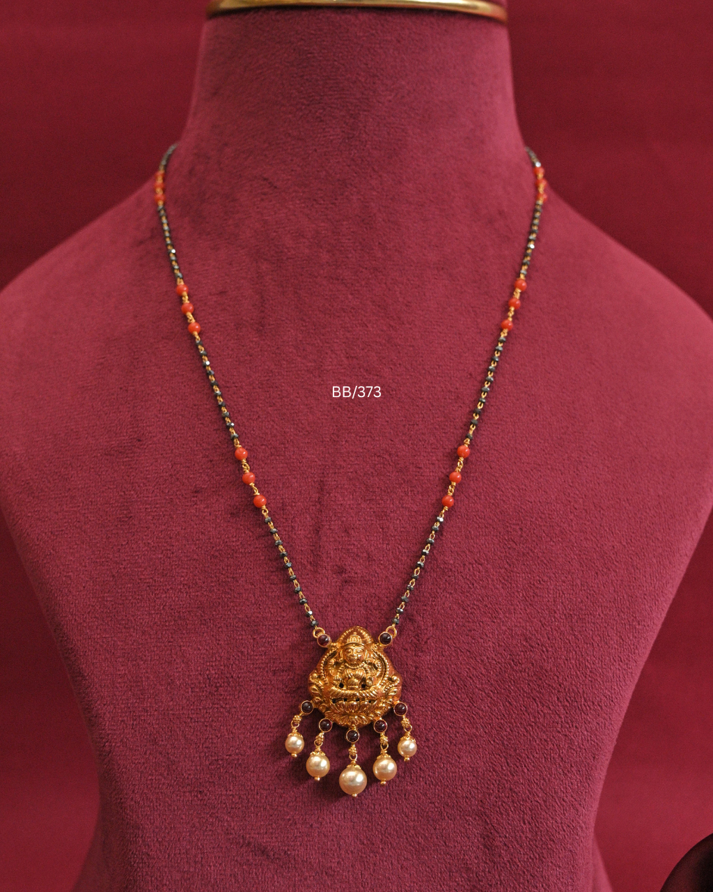 Goddess Lakshmi Temple Pendant Mangalsutra with Coral & Pearl Drops  SKU: BB/373