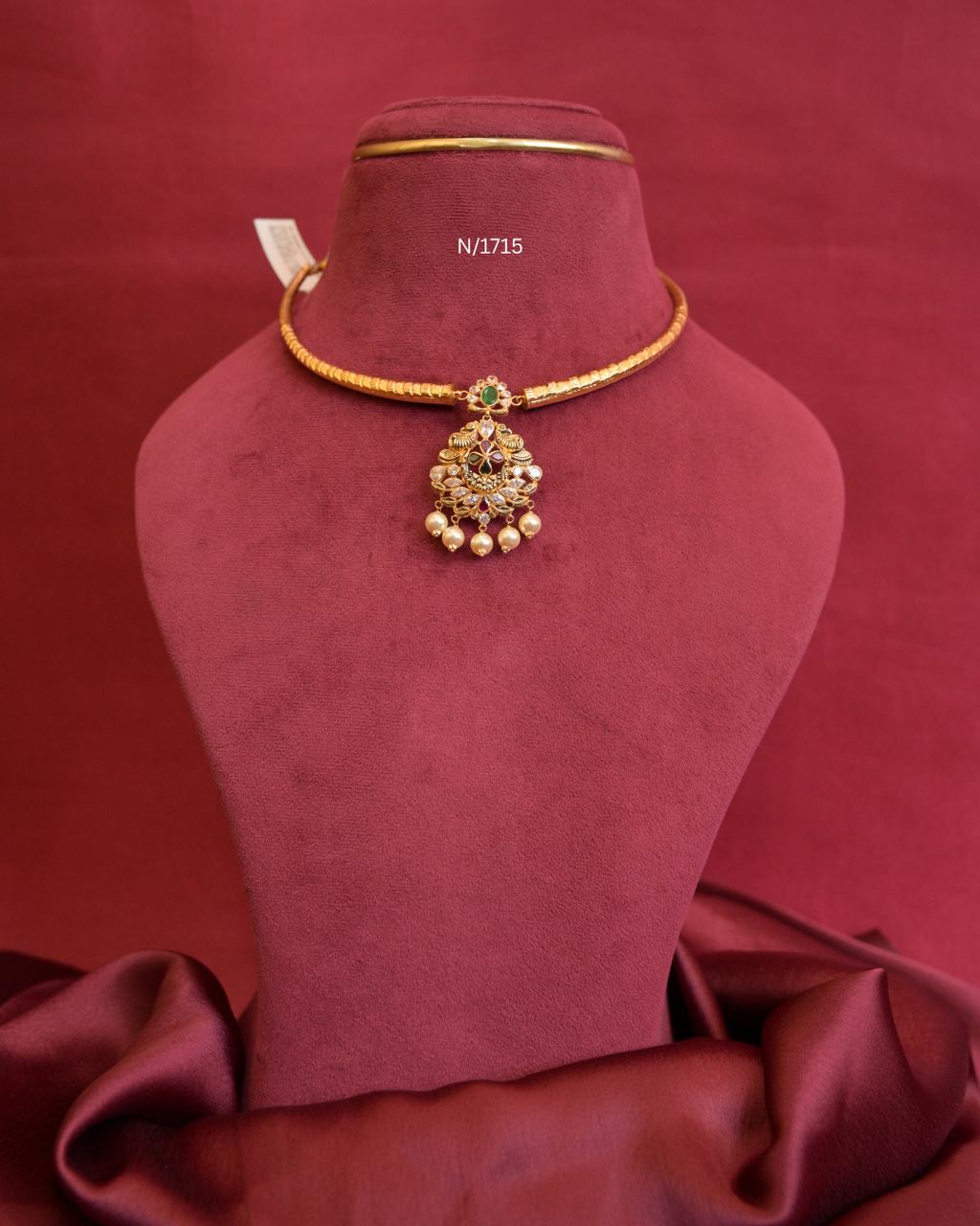 Twin Peacock Floral Ruby & Emerald Pendant Tubular Hasli with Marquise CZ & Pearl Drops |SKU: N/1715