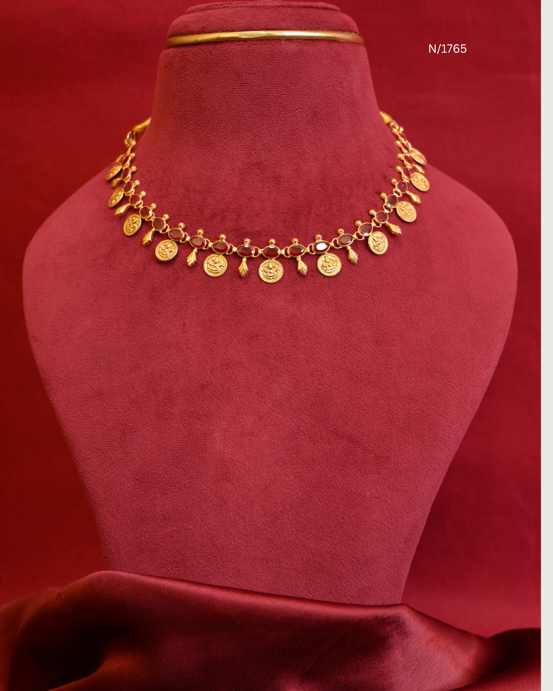 Goddess Lakshmi Kasu (Coin) & Oval Ruby Station Choker Necklace with Gold Leaf Charms | SKU: N/1765