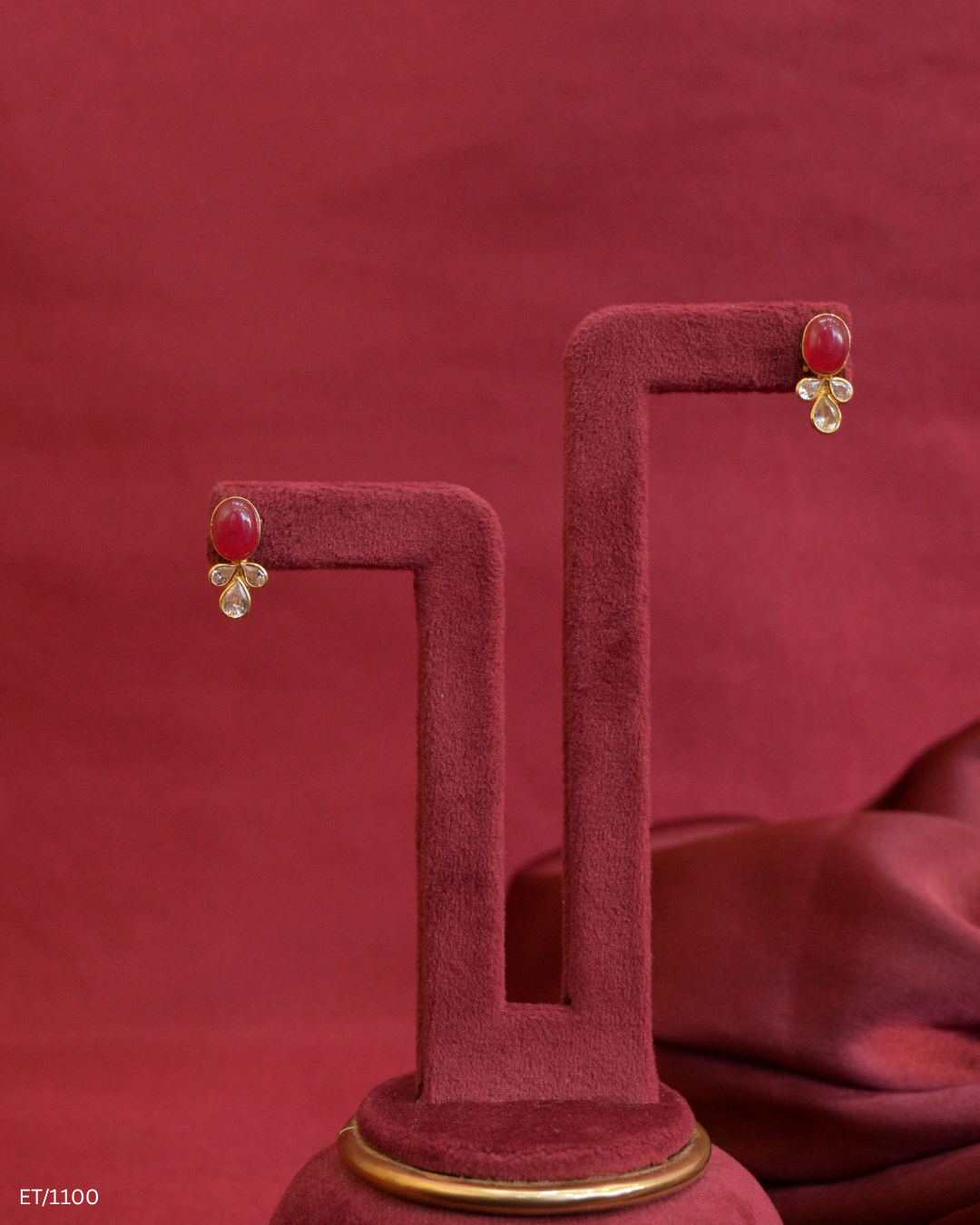 Ruby Cabochon & CZ Polki Cluster Stud Earrings | SKU: ET/1100