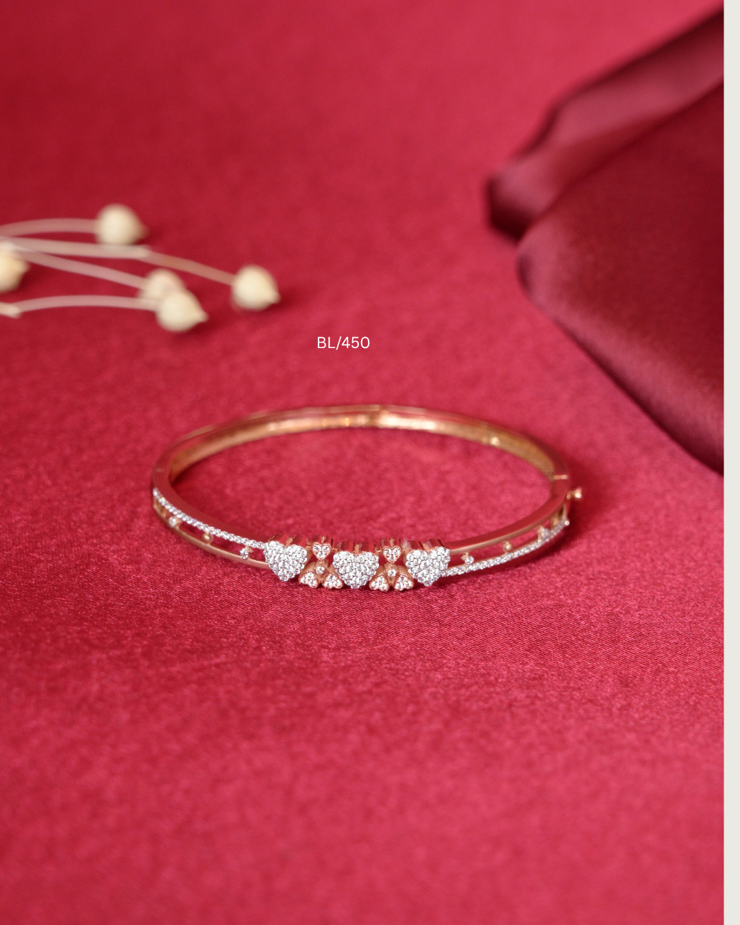 Pave CZ Triple Heart Station Split-Rail Bangle | SKU: BL/450