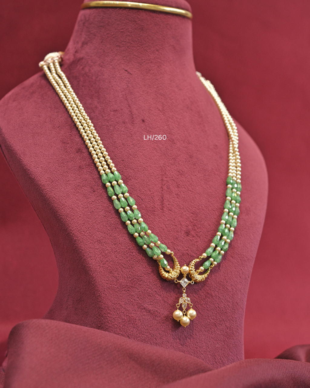 Three-Strand Pearl & Sea Green Emerald Bead Haram with Symmetrical Pearl Cluster Drops| LH/260