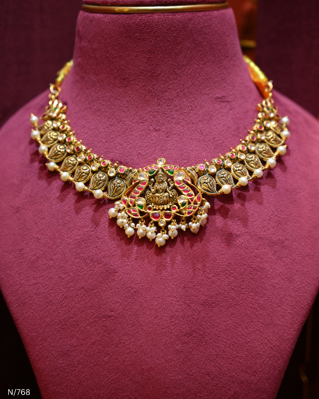 Antique Gold Temple Lakshmi Nakshi, Ruby & Pearl Choker | SKU: N/768