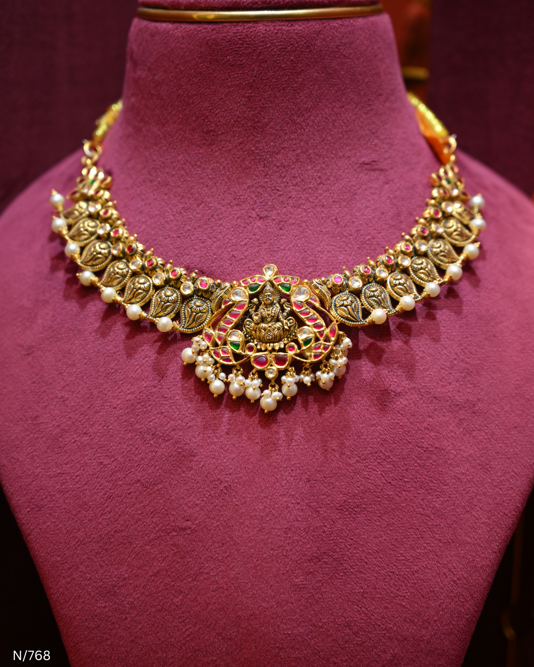 Antique Gold Temple Lakshmi Nakshi, Ruby & Pearl Choker | SKU: N/768