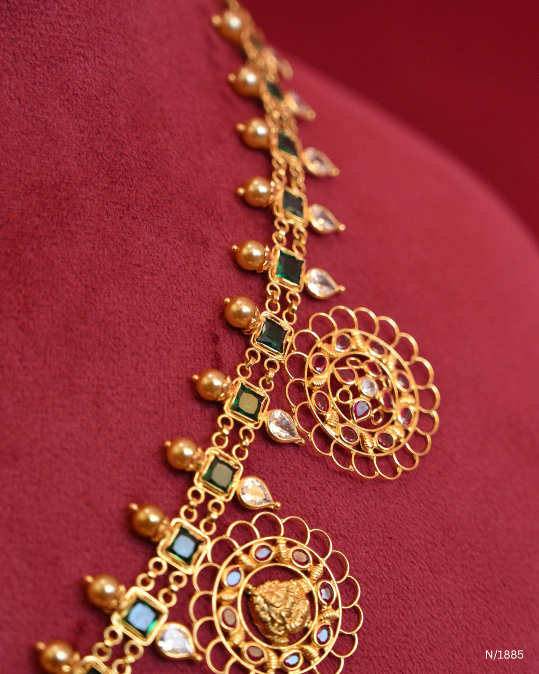 Goddess Lakshmi Temple Haram with Square Emerald Stations & Ruby-Studded Filigree Medallions | SKU: N/1885