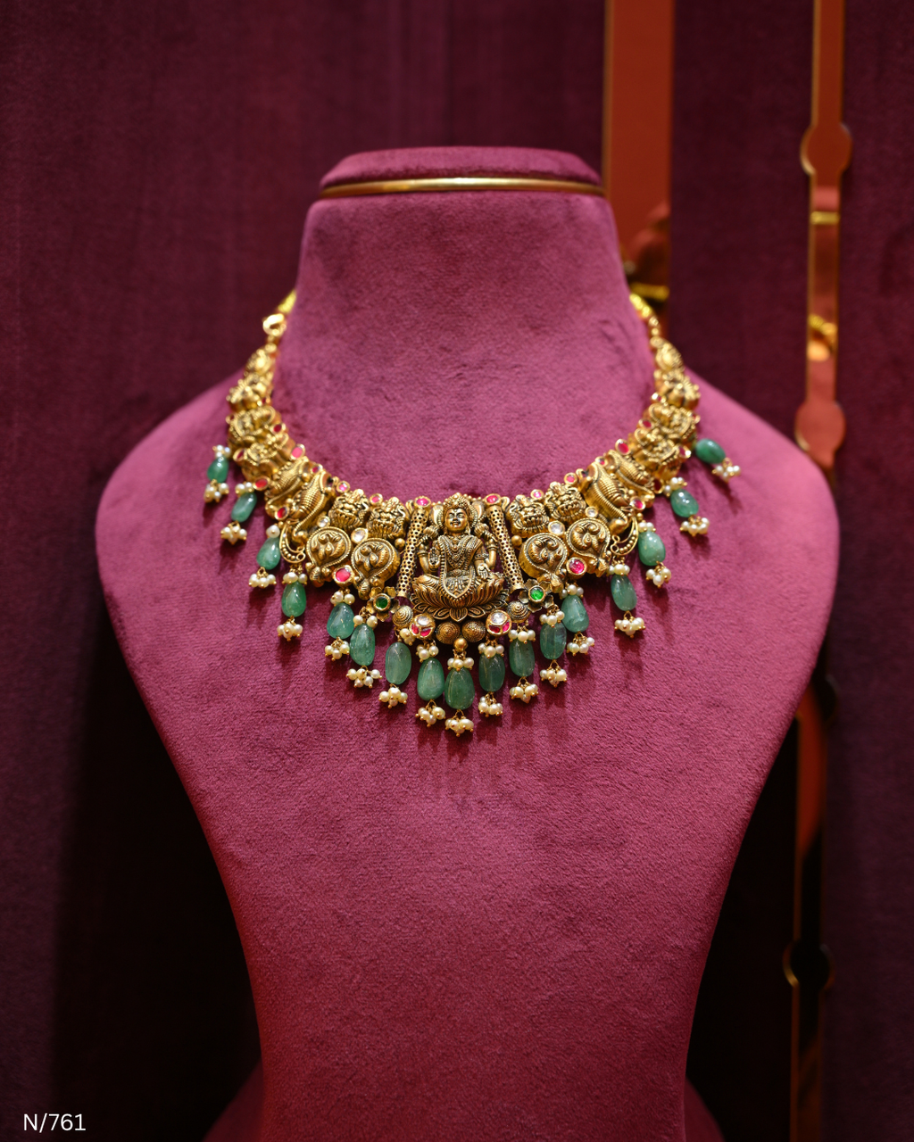 Antique Gold Temple Lakshmi Nakshi & Green Bead Necklace | SKU: N/761