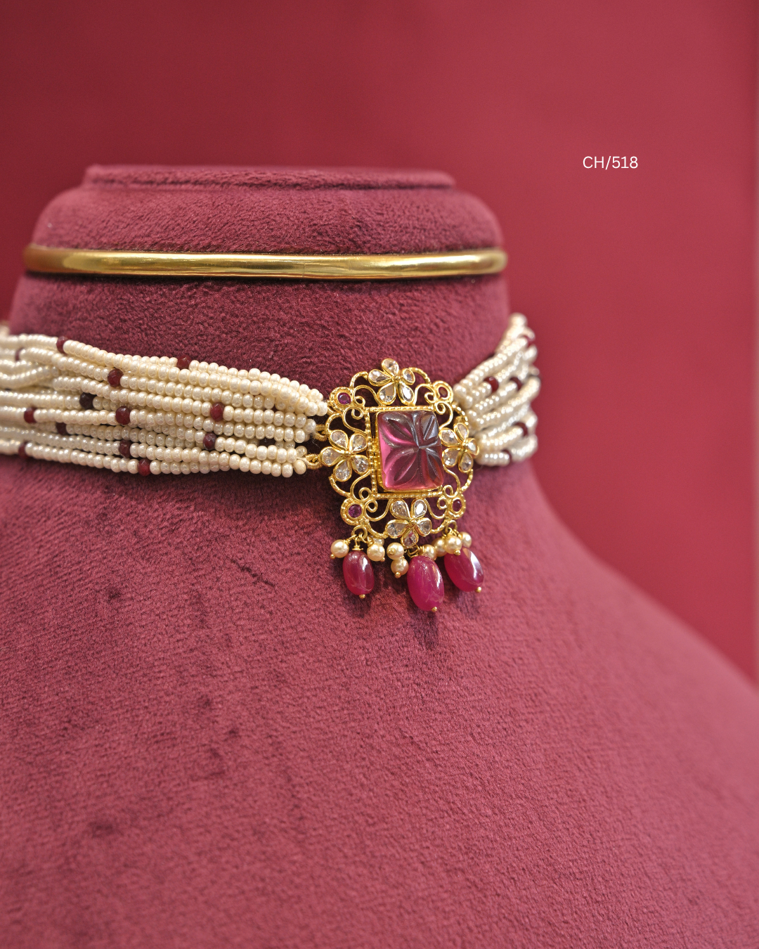Carved Square Ruby Filigree Medallion Pearl Choker |  SKU: CH/518