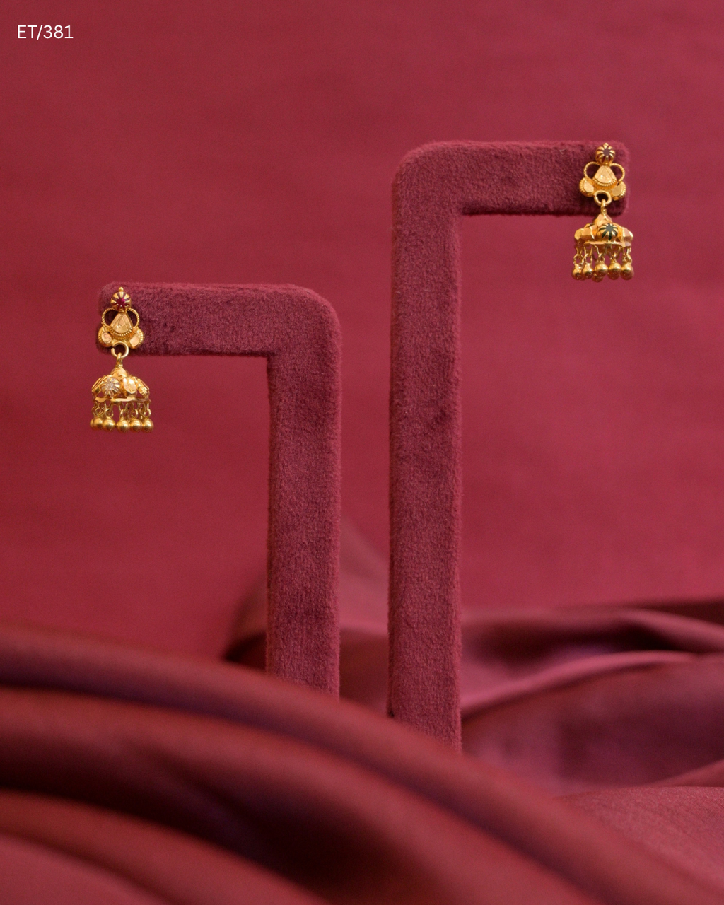 Miniature Temple Jhumka Earrings with Polki, Ruby & Gold Bead Fringes | SKU: ET/381