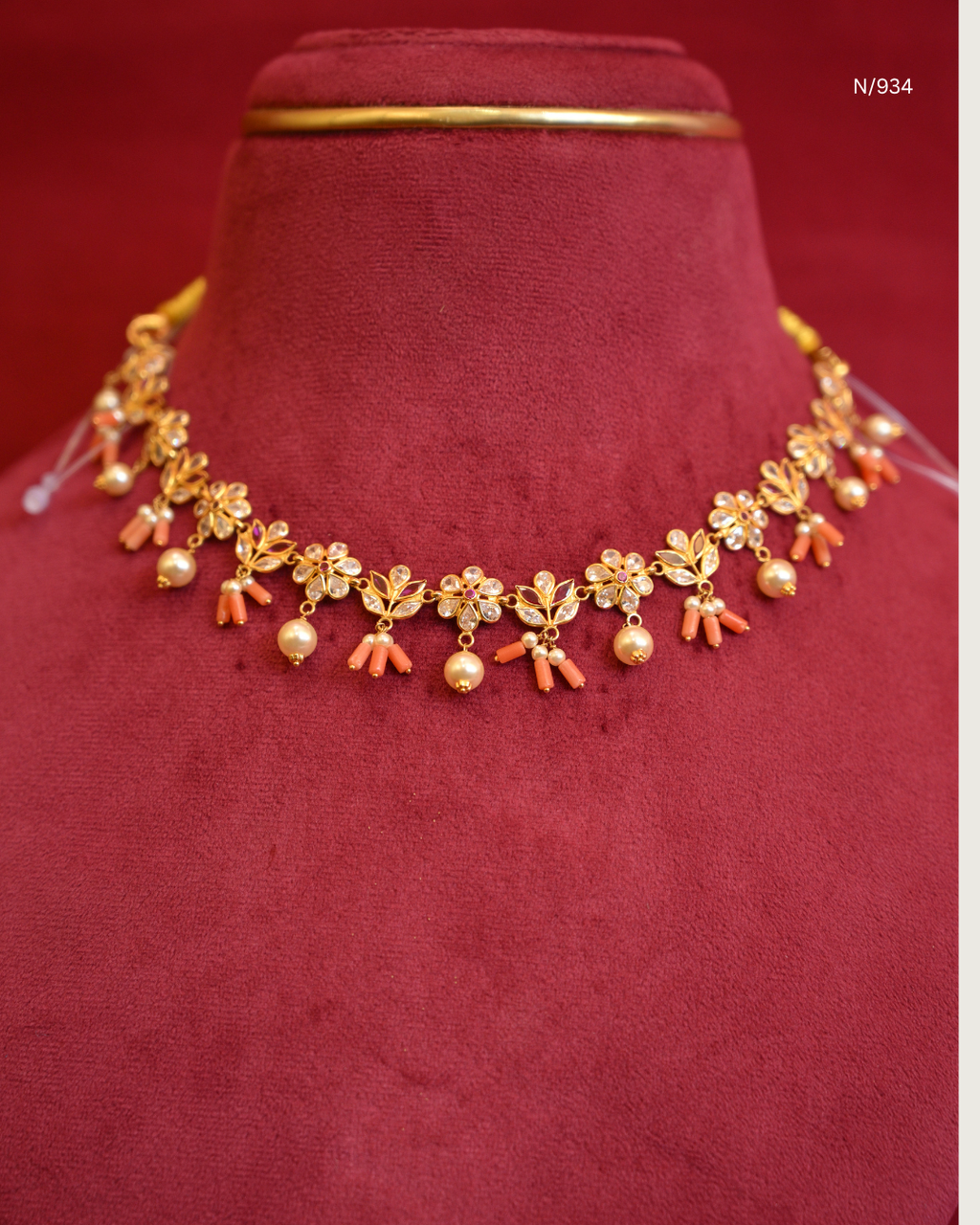 Floral CZ Polki Station Choker Necklace with Natural Red Coral (Pagadam) Clusters & Pearl Drops | SKU: N/934