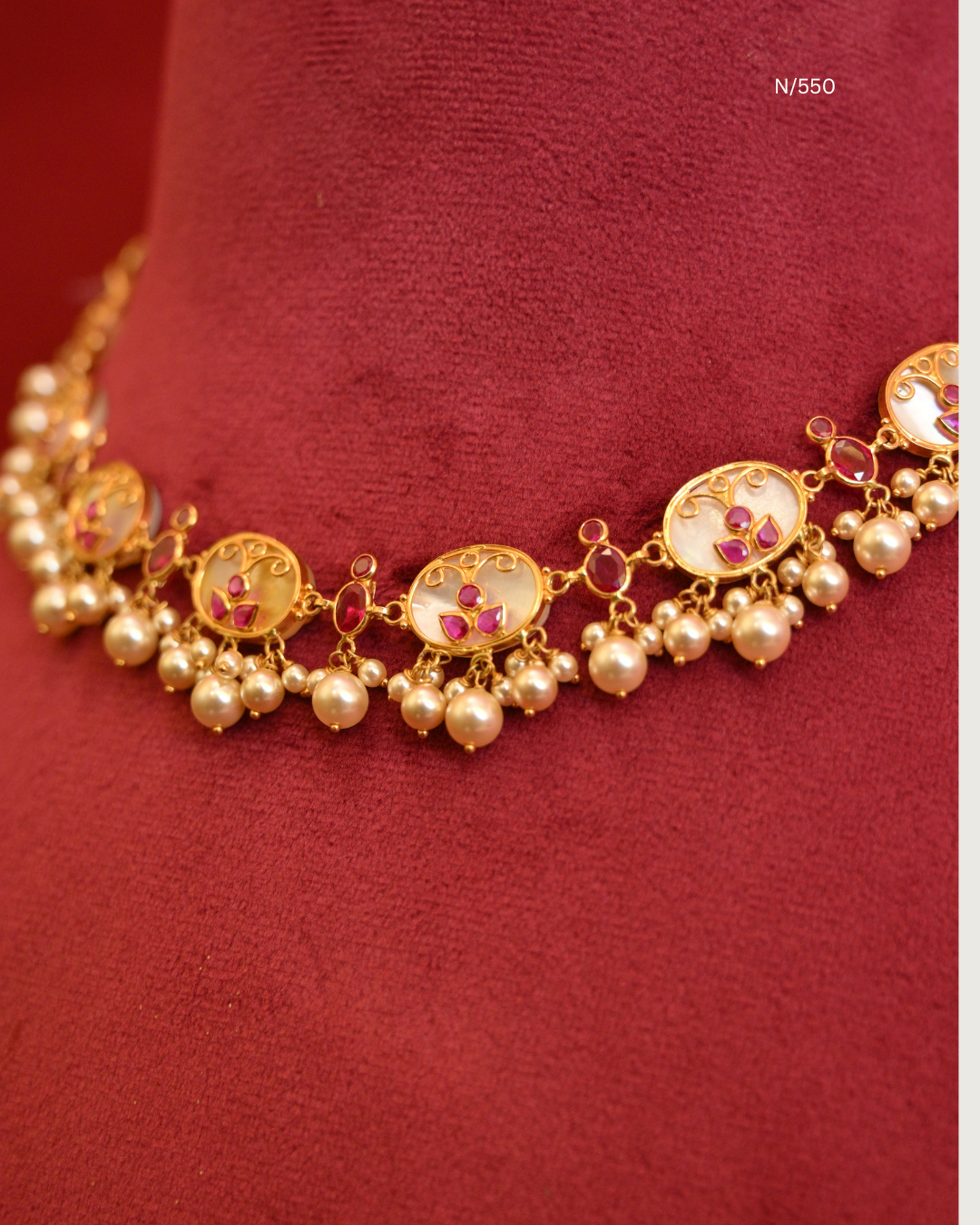 Enamel & Pearl Oval Floral Station Choker Necklace with Ruby Trefoils & Pearl Cluster Drops | SKU: N/550