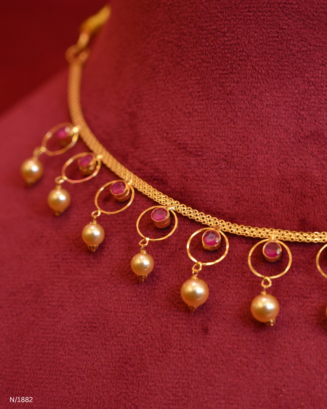 Minimalist Mesh Choker Necklace with Ruby Stations & Pearl Drops | SKU: N/1882