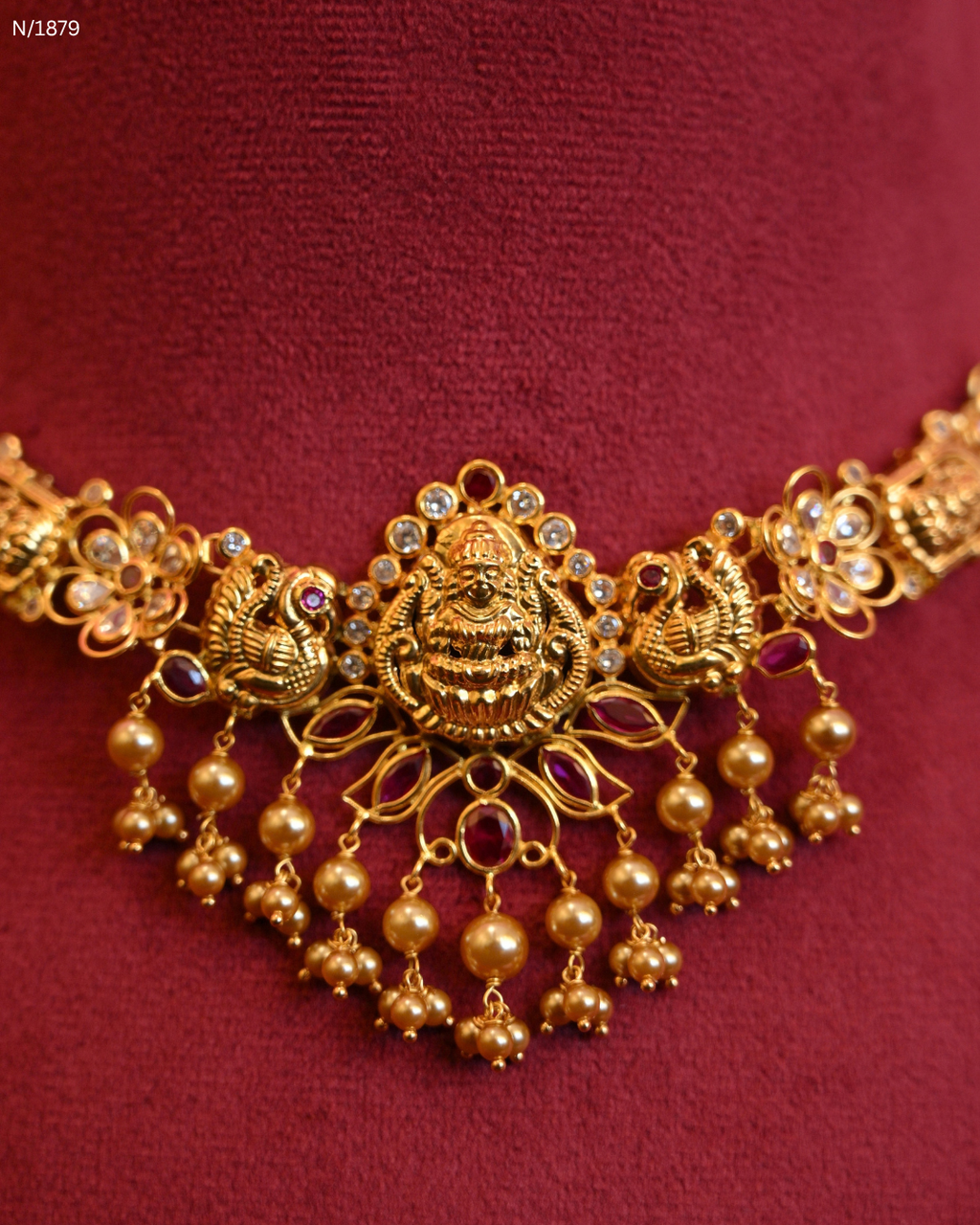 Traditional Goddess Lakshmi & Peacock Temple Choker Necklace with Gold Bead Fringe | SKU: N/1879