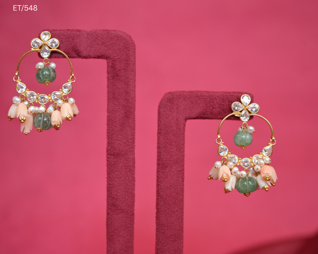 Polki Mint Bead & Pastel Floral Drop Earrings | SKU: ET/548