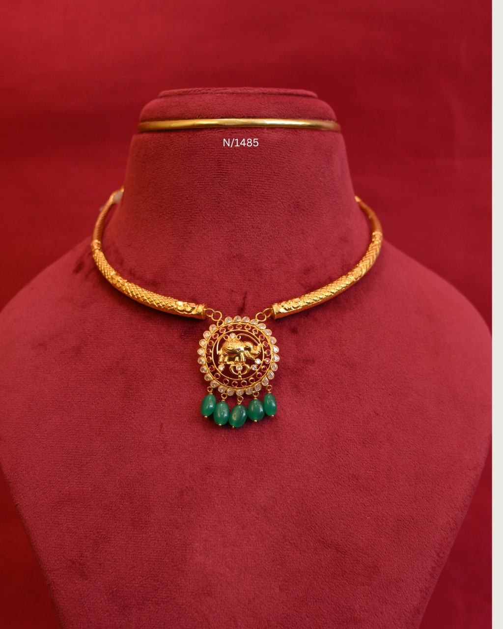 Royal Elephant (Gaja) Nakshi Medallion Pendant Tubular Hasli Necklace with Rubies, CZ Polki & Emerald Bead Drops | SKU: N/1485
