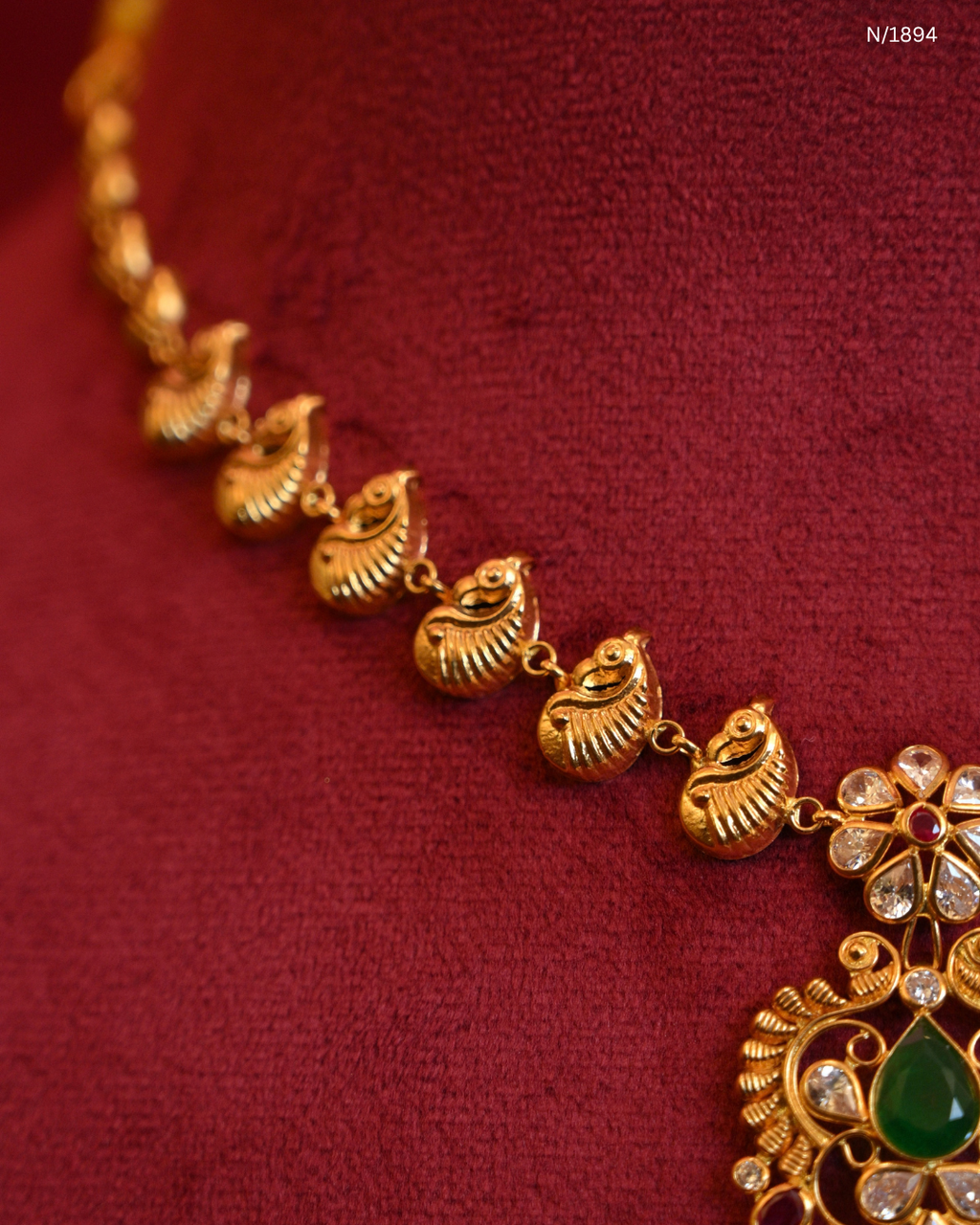 Traditional Peacock Motif Temple Necklace with Emerald, Ruby & Pearl Drops | SKU: N/1894