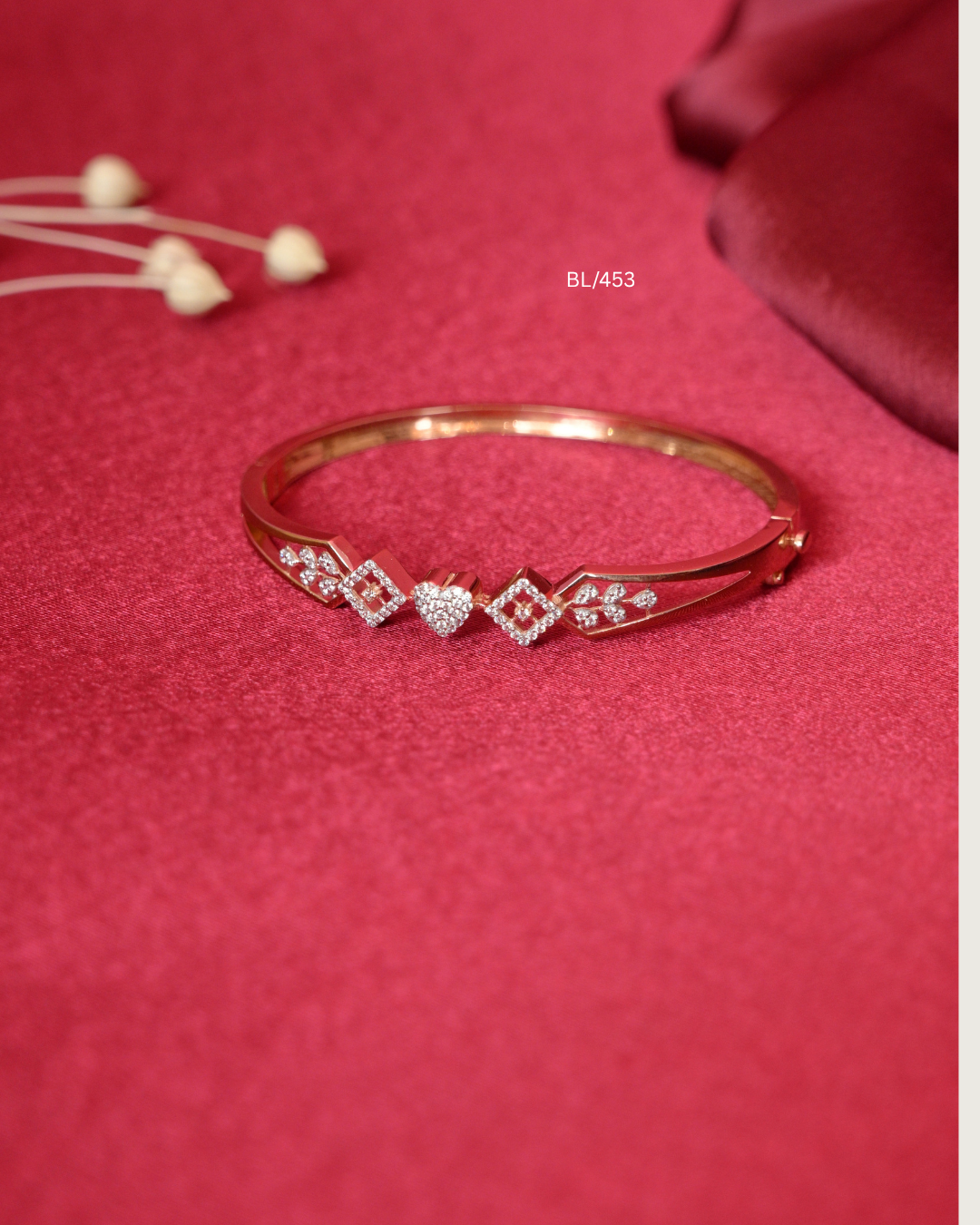 Geometric Diamond Frame & Pave CZ Heart Station Bangle | SKU: BL/453