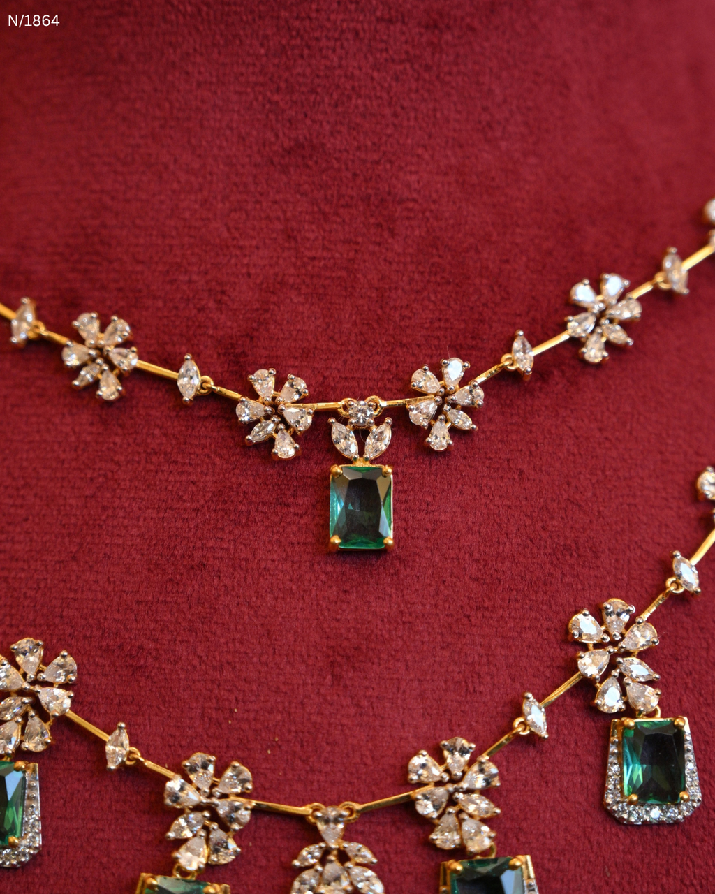 Two-Tier Layered Floral CZ & Rectangular Emerald Drop Statement Necklace | SKU: N/1864