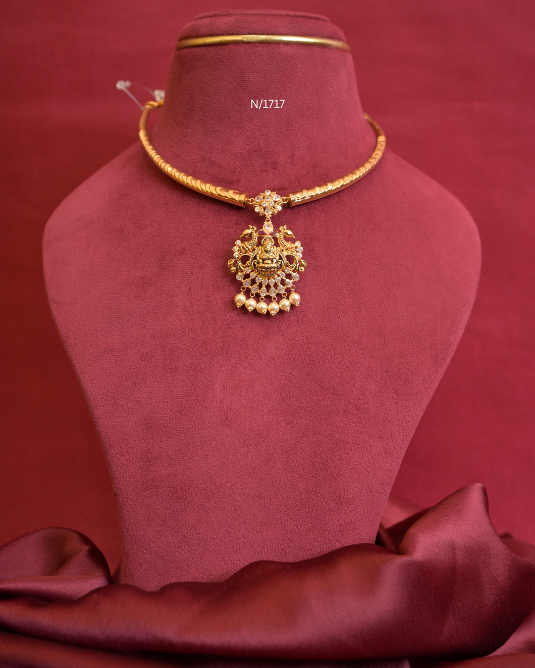 Goddess Lakshmi & Peacock Nakshi Pendant Tubular Hasli with CZ Polki & Pearl Drops |SKU: N/1717