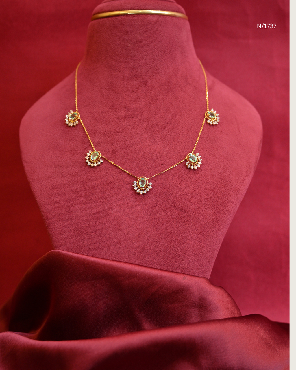 Modern Oval Emerald Cabochon & CZ Polki Crescent Station Necklace | SKU: N/1737
