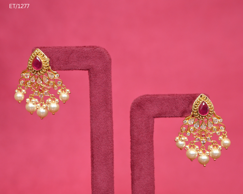 Gold Ruby Polki & Pearl Cluster Drop Earrings | SKU: ET/1277