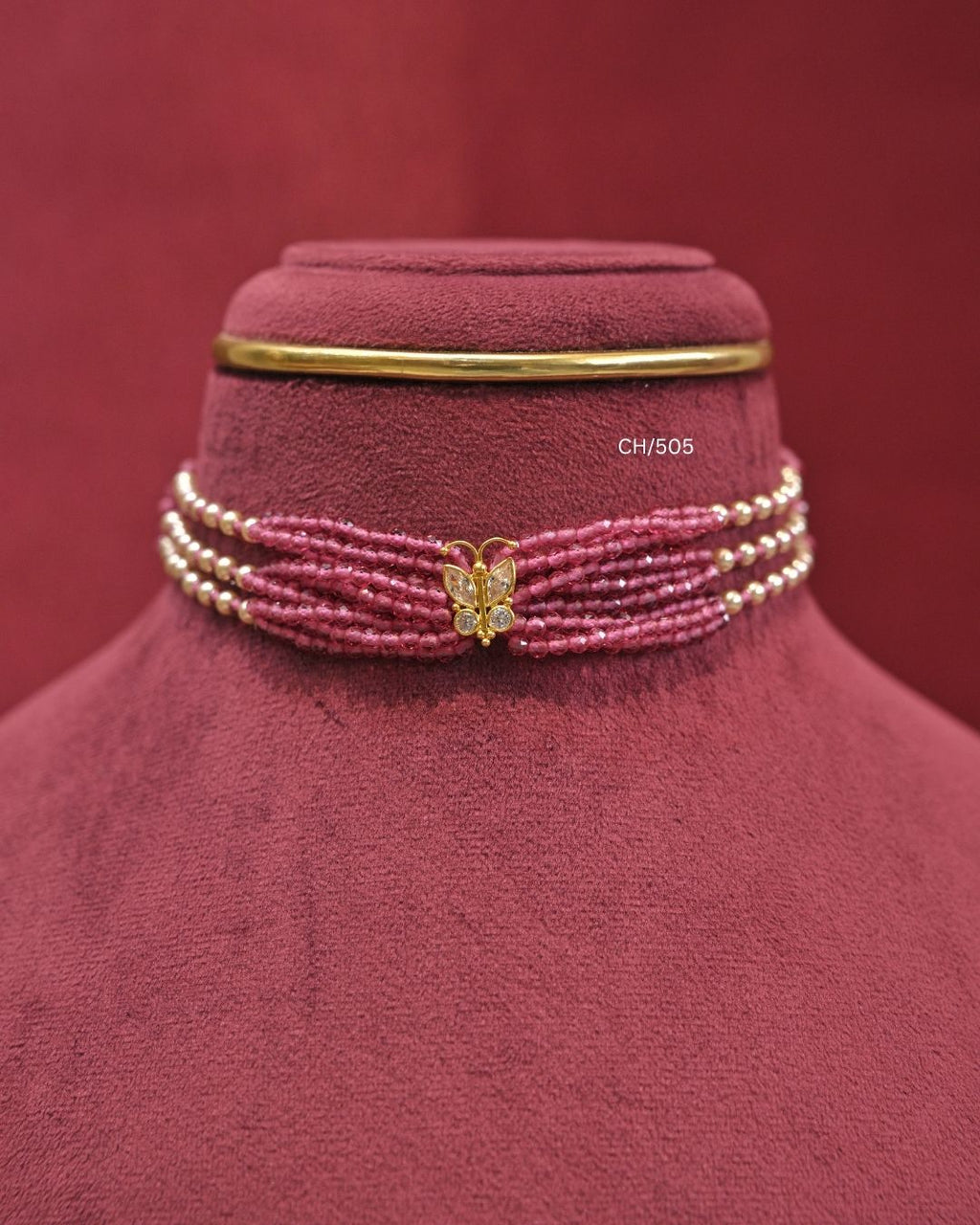 Butterfly Motif Multi-Strand Ruby Pink Bead Choker | SKU: CH/505