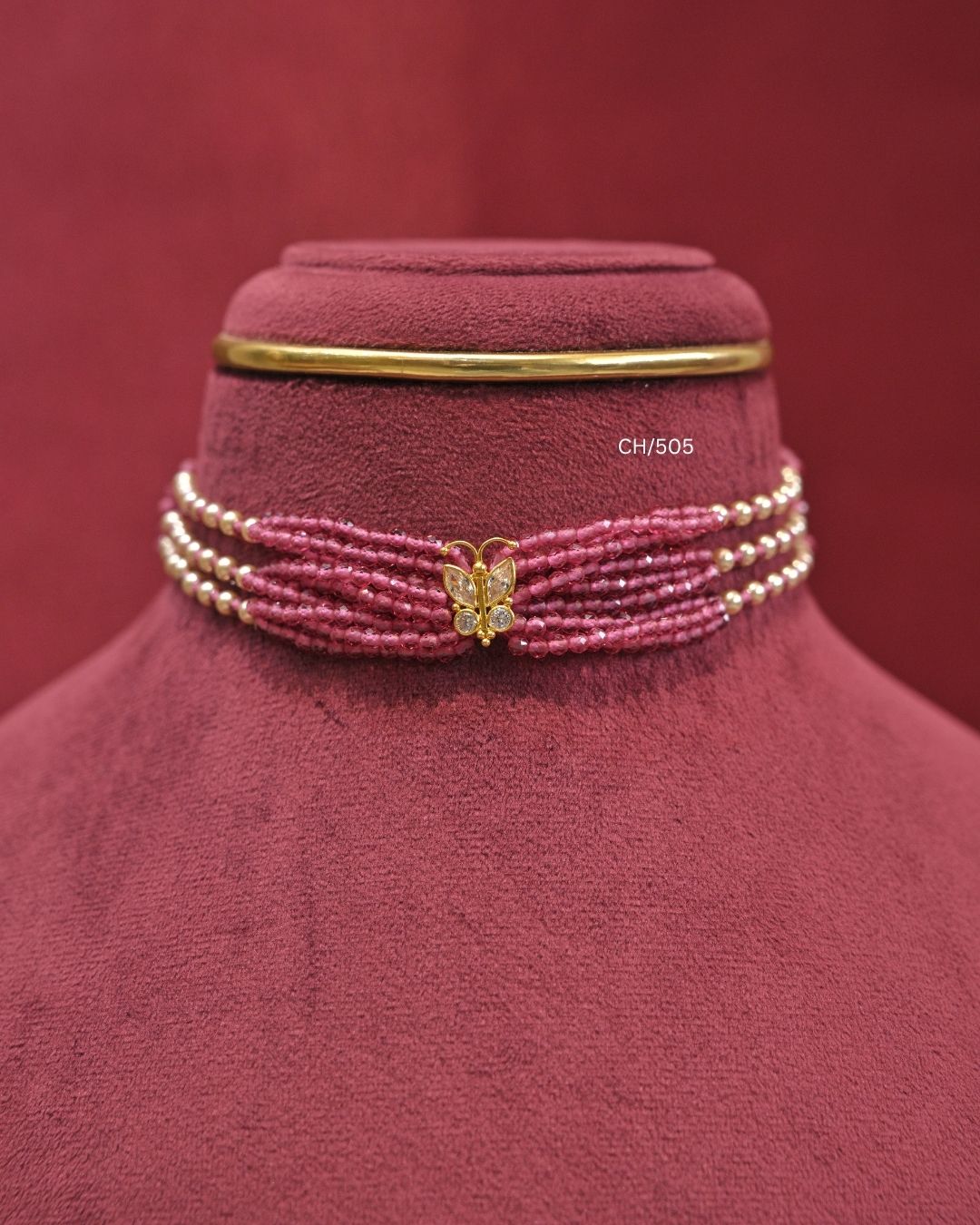 Butterfly Motif Multi-Strand Ruby Pink Bead Choker | SKU: CH/505
