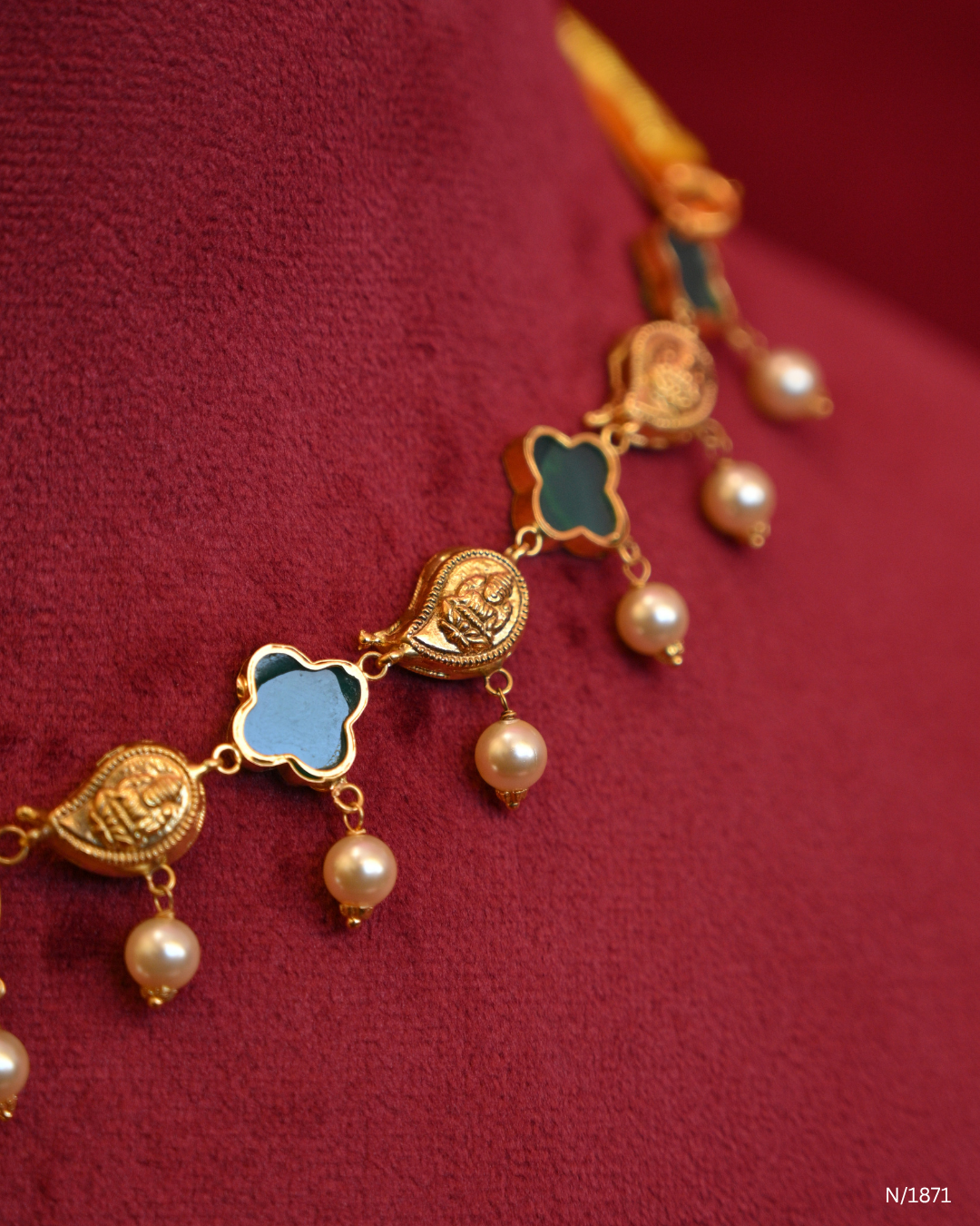 Goddess Lakshmi Temple Necklace with Green Enamel Mango Stations, Polki/CZ Accents & Hanging Pearls | SKU: N/1871