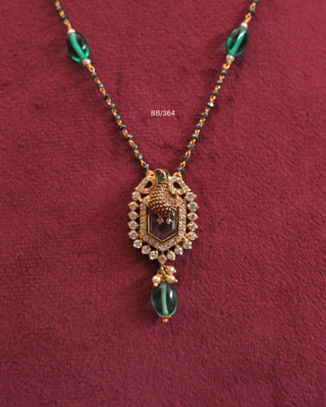 CZ Peacock & Carved Gemstone Pendant Mangalsutra with Emerald & Pink Station Beads |SKU: BB/364